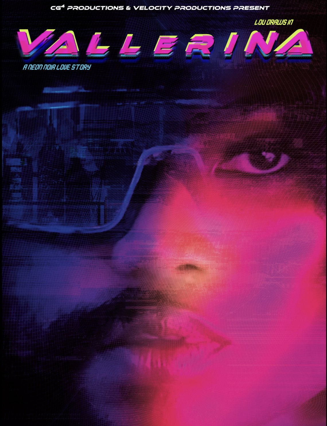 Vallerina poster: a face in magenta and blue neon light behind dark sunglasses. A neon-noir love story.